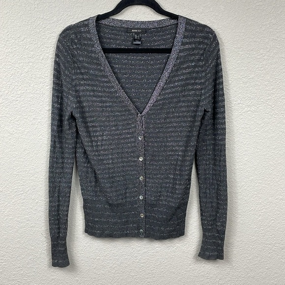 Mango Suit Gray Silver Stripe Sparkle Cardigan Sweater V Neck Sz L - Picture 1 of 9
